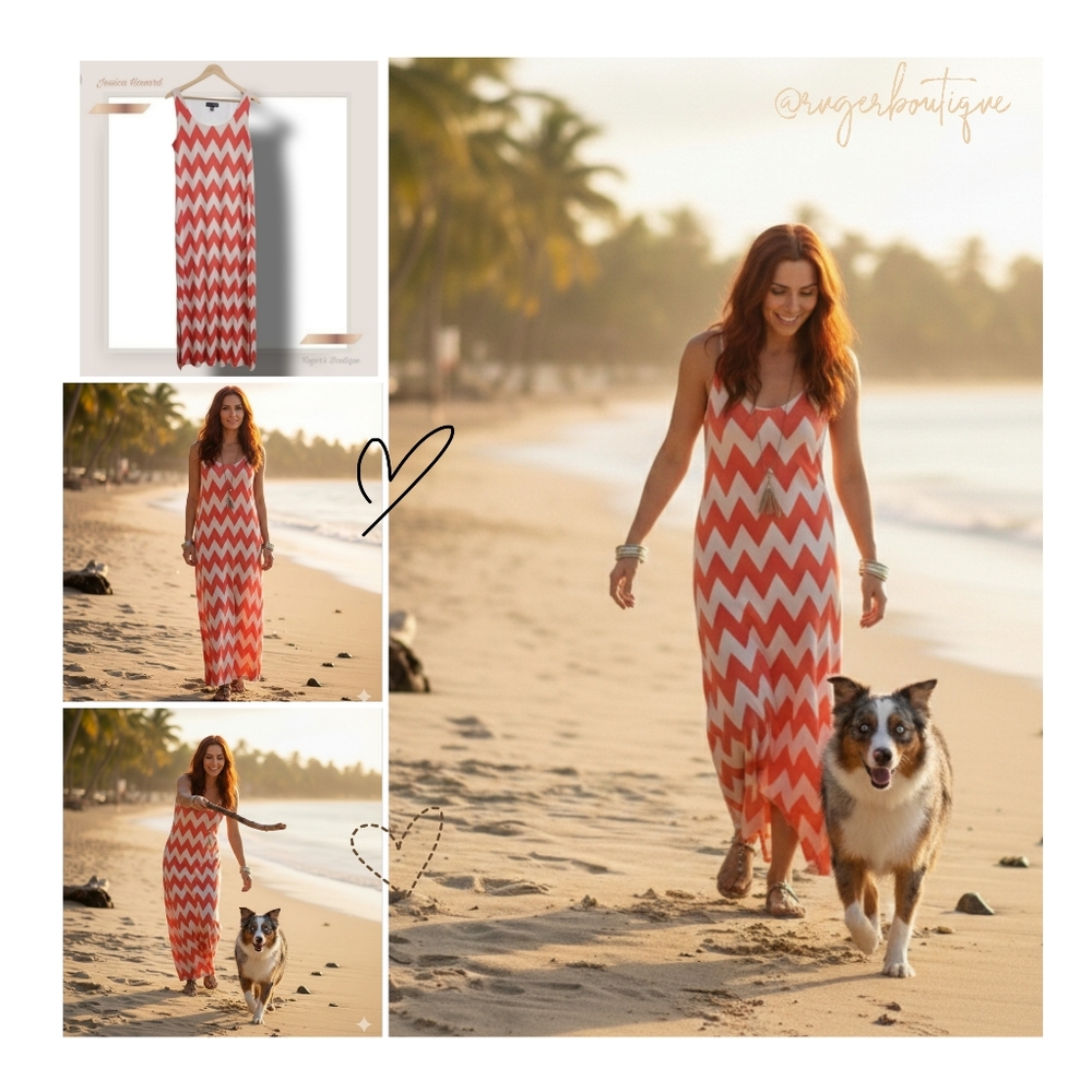 🌿Jessica Howard Women' Large Coral & Khaki Chevron Sleeveless Maxi Dress - Picture 10 of 12